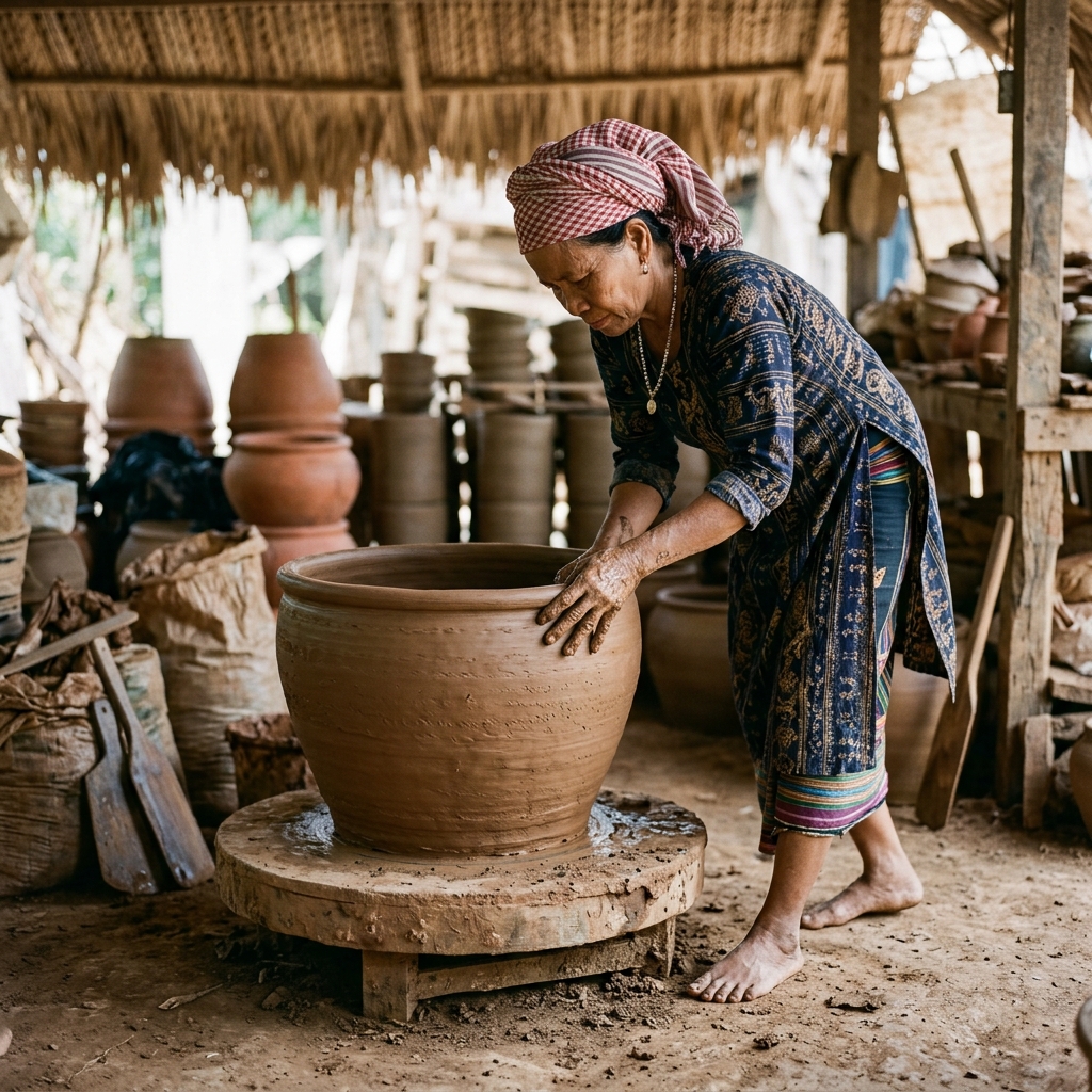 Nghệ nhân Chăm nặn gốm bằng tay