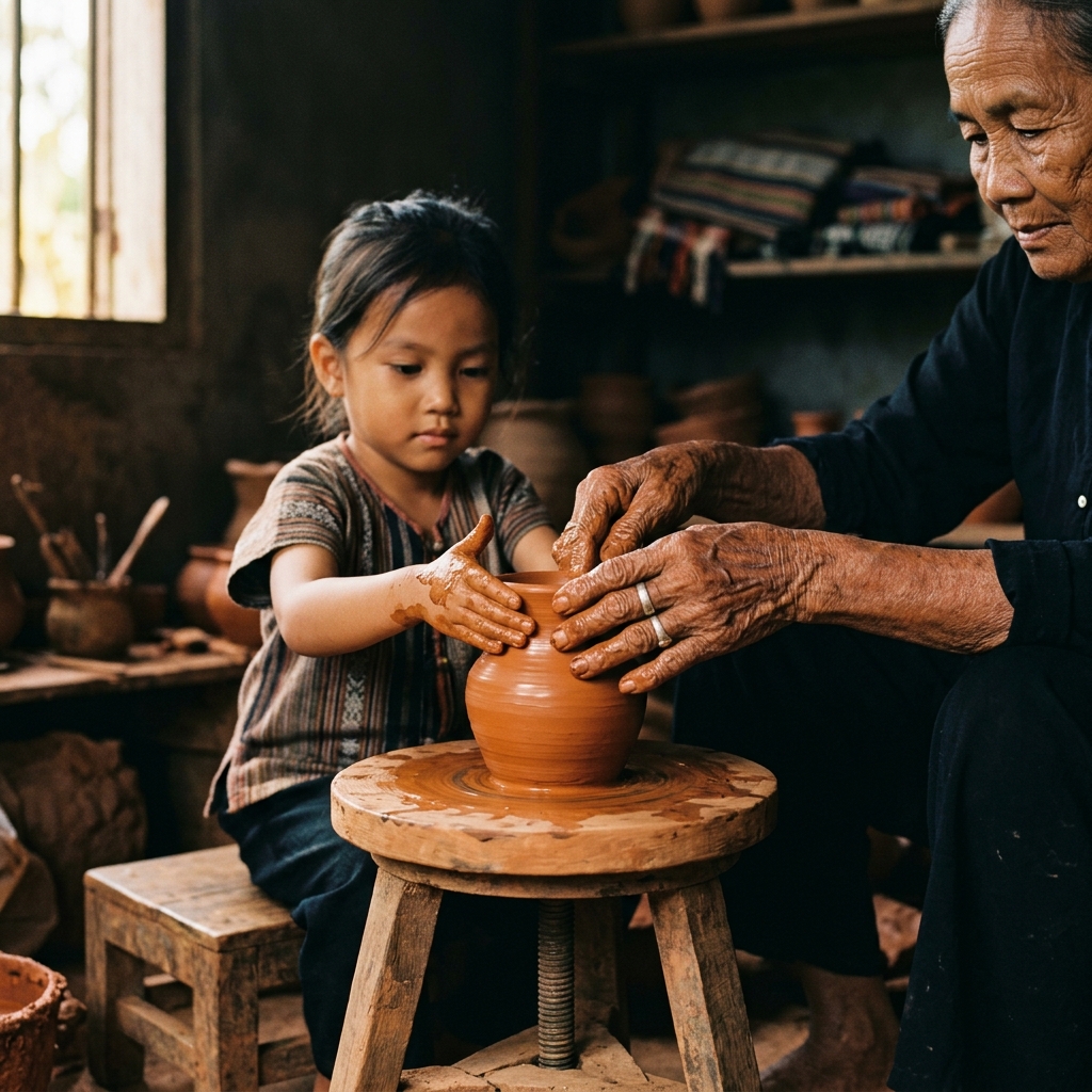 Bà truyền nghề gốm cho cháu tại Bàu Trúc